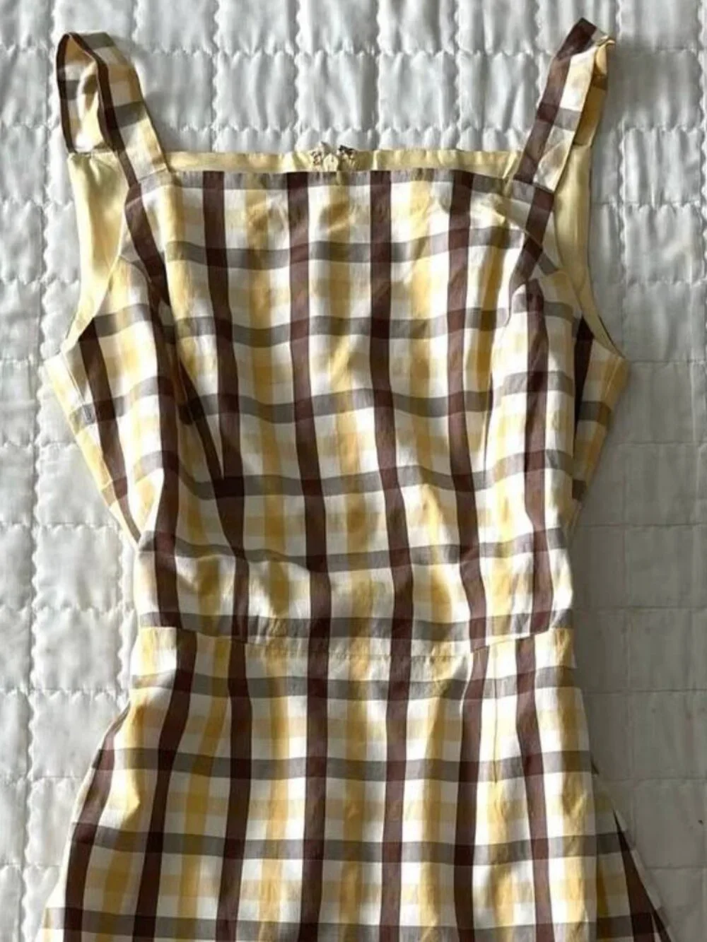 Yellow Brown Plaid Dress Sleeveless A-Line Vintage Style - Picture 3 of 5